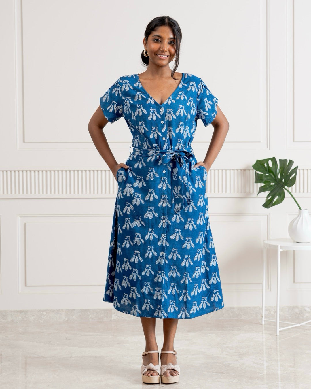 Champa Indigo Belted Flowy Cotton Dress1