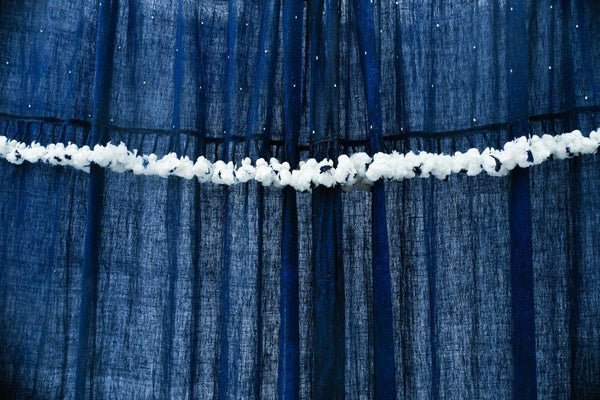 Indigo handwoven kala cotton curtains with white dots and tassels