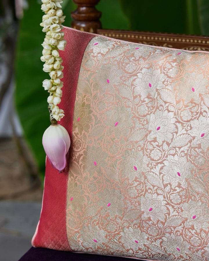 Patchwork Blush Pink Banarasi Silk Cushion Cover
