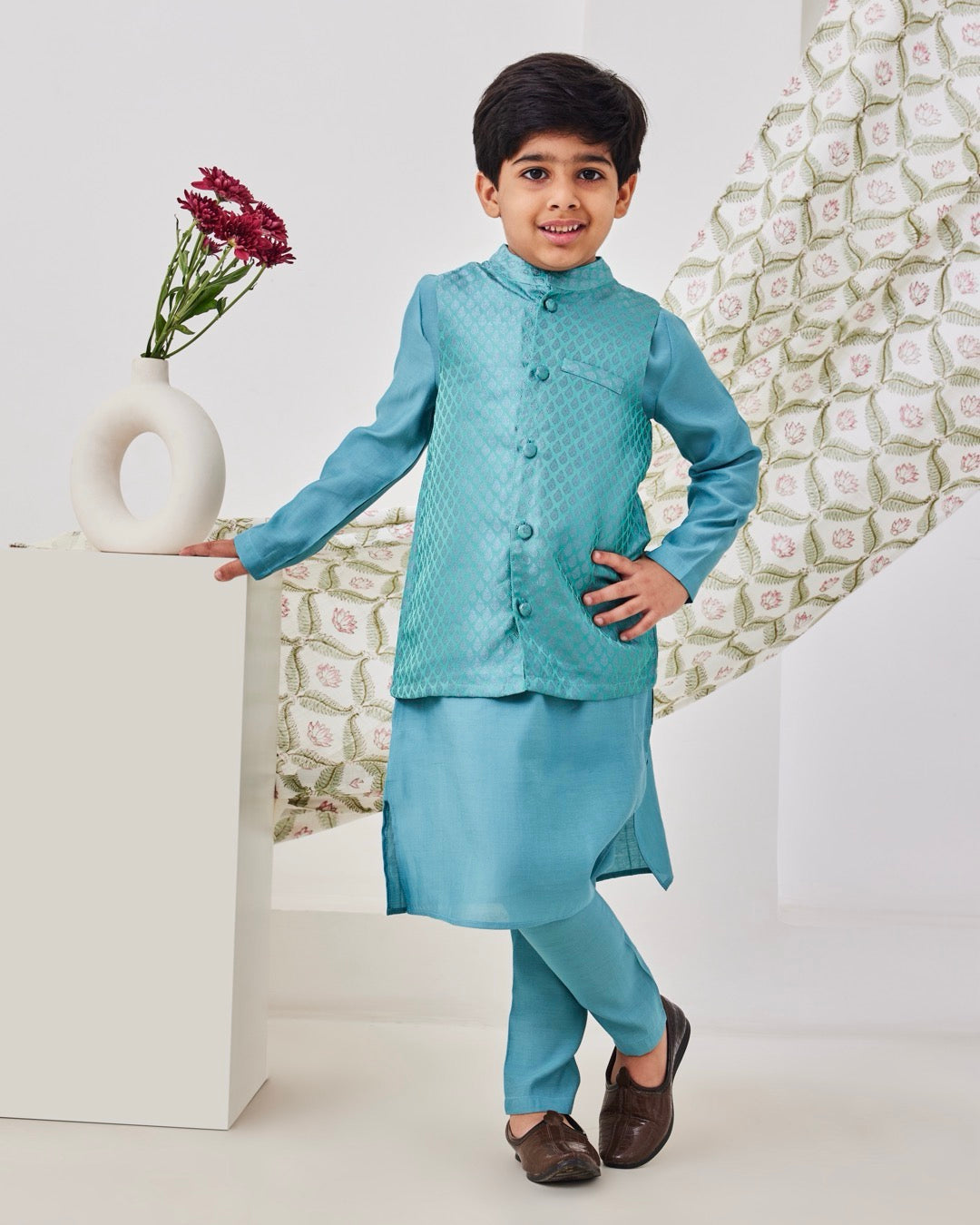 Sky Blue Kids Kurta Set With Jacket