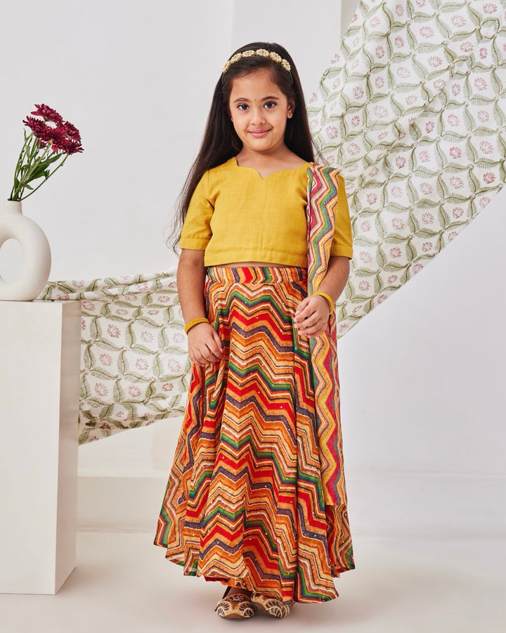 Yellow Cheveron Kids Lehenga