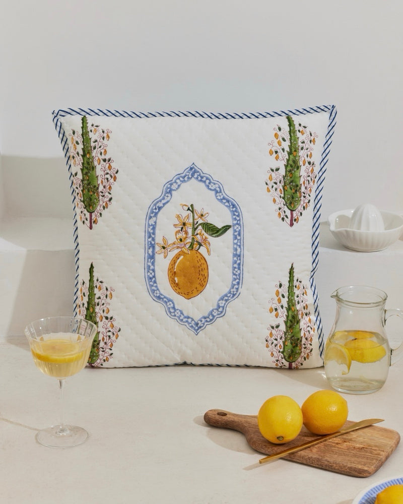 Italian Summer Block Print Quilted Square Cushion