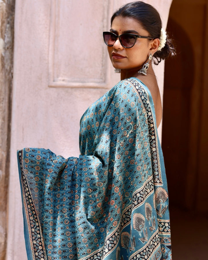 Peacock Feather Indigo Bagru Print Saree