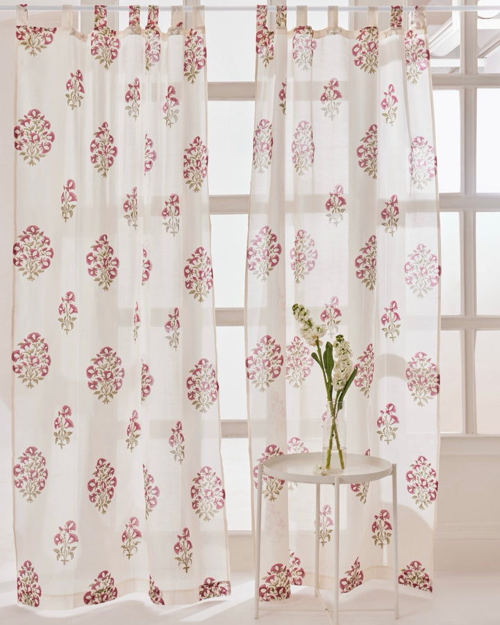 Poppy Pink Floral Chanderi Sheer Curtain