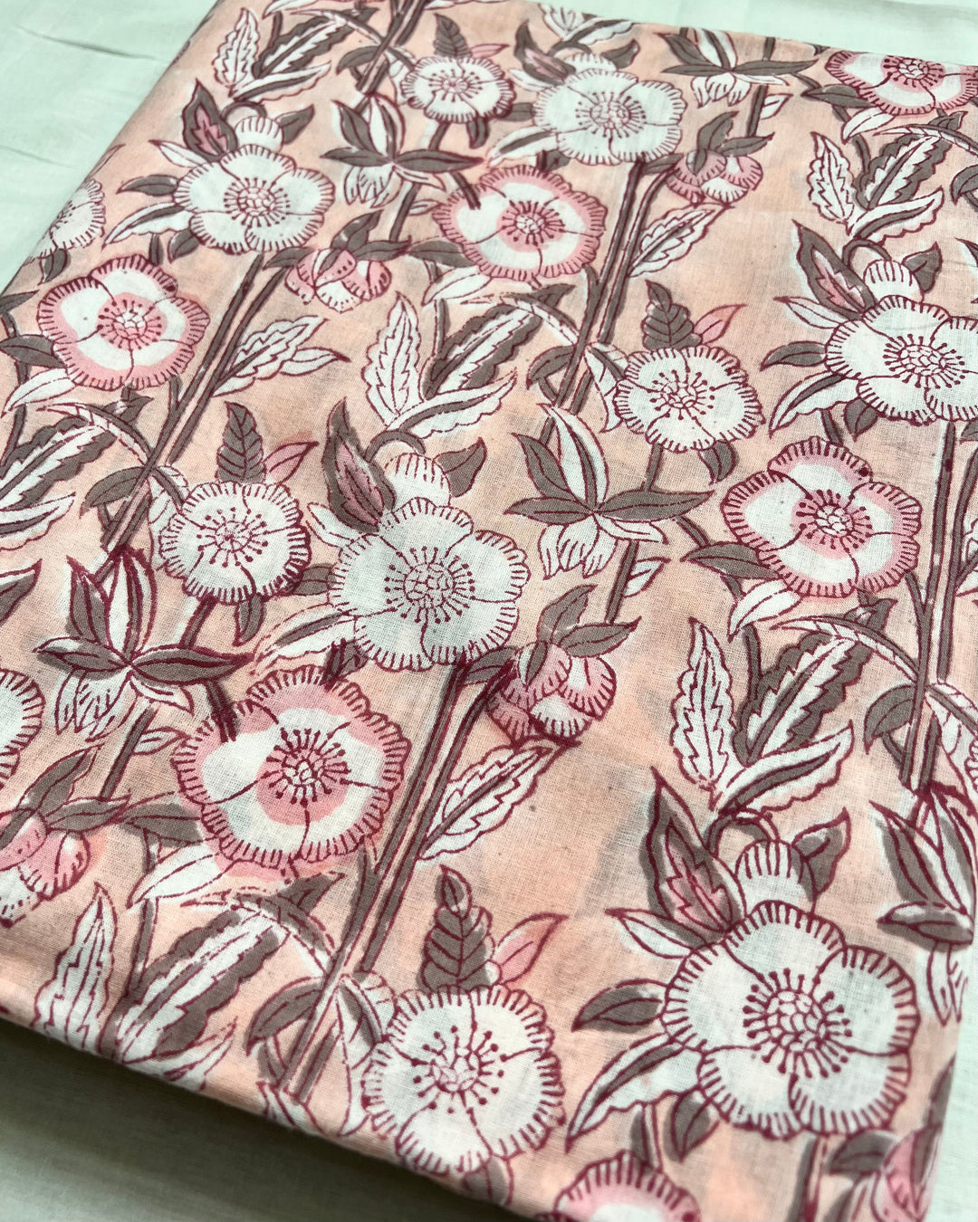 Salmon Pink Poppy Block Print Cotton Fabric