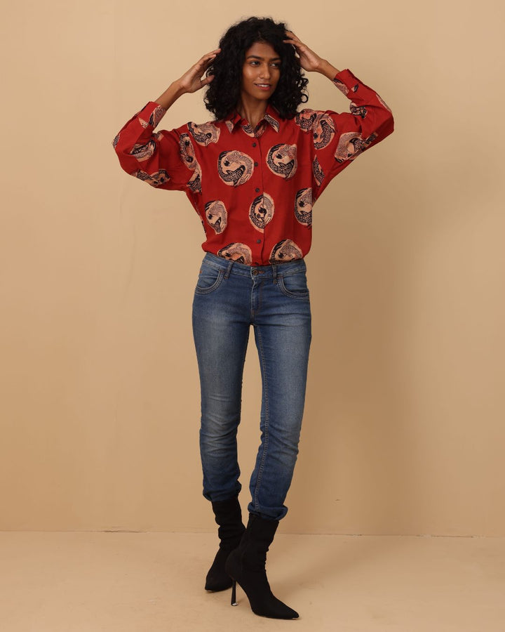 Koi Fish Ajrakh Block Print Oversized Shirt