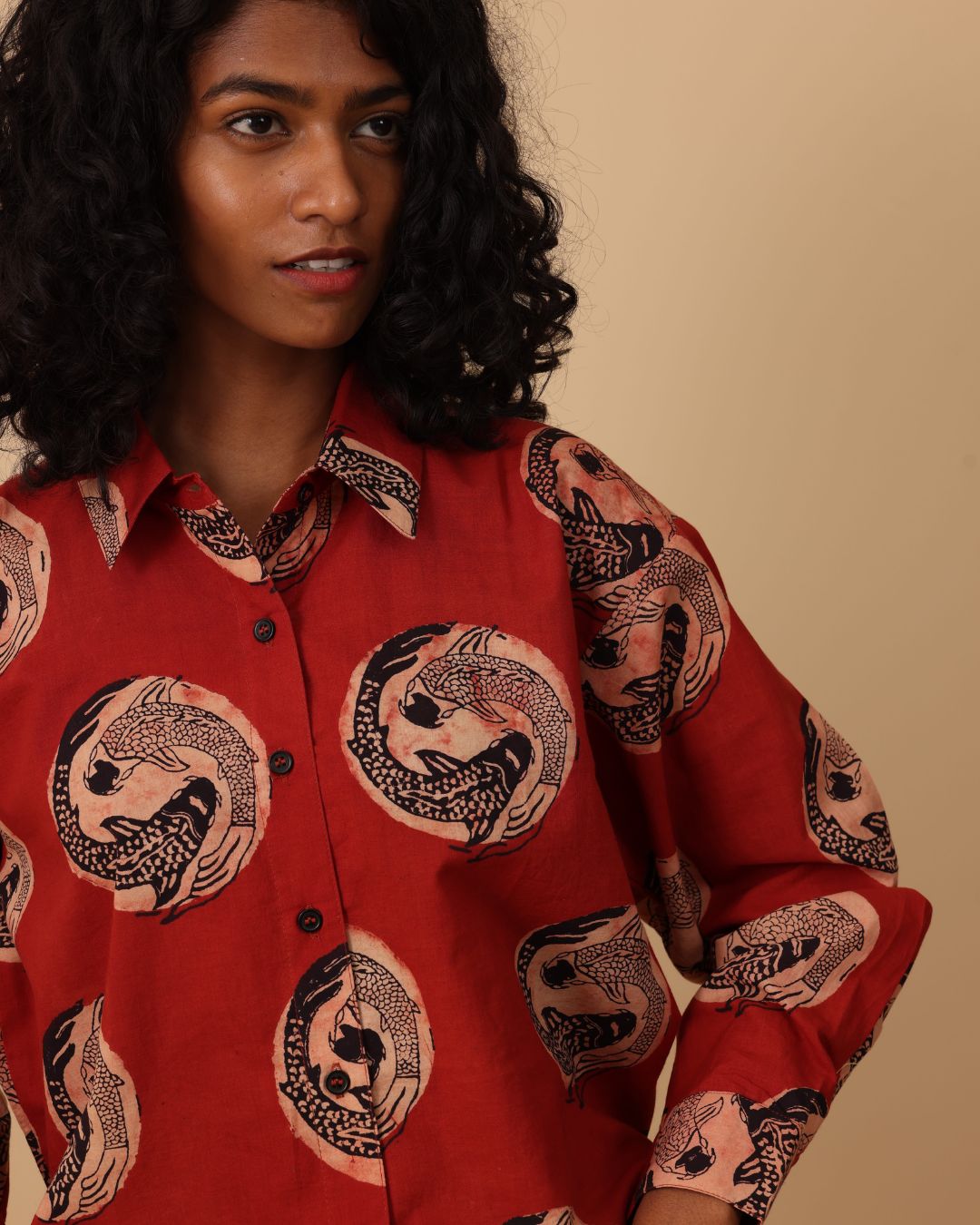 Koi Fish Ajrakh Block Print Oversized Shirt