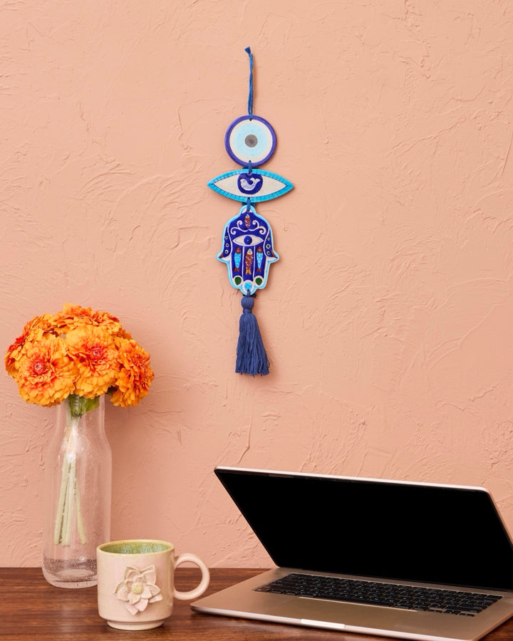 Blue Evil Eye Hamsa Blue Pottery Wall Hanging