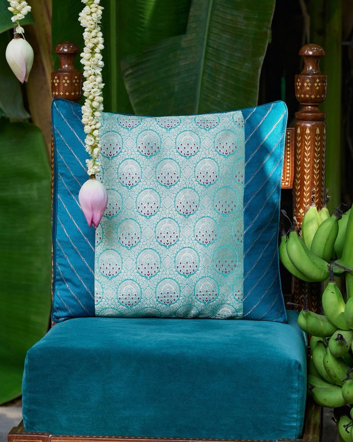 Patchwork Blue Banarasi Silk Cushion Cover