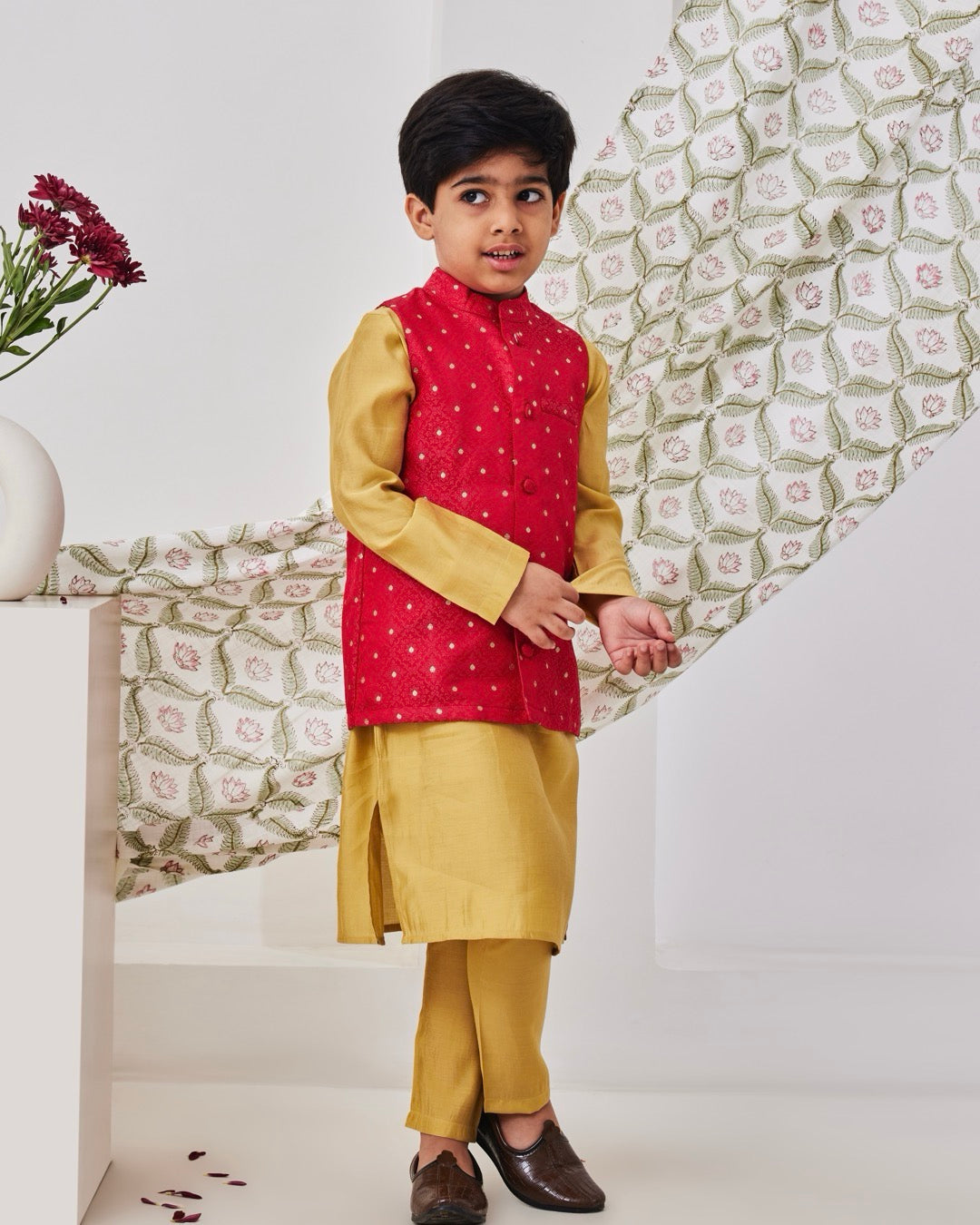 Pink and Gold Kids Kurta Set With Jacket