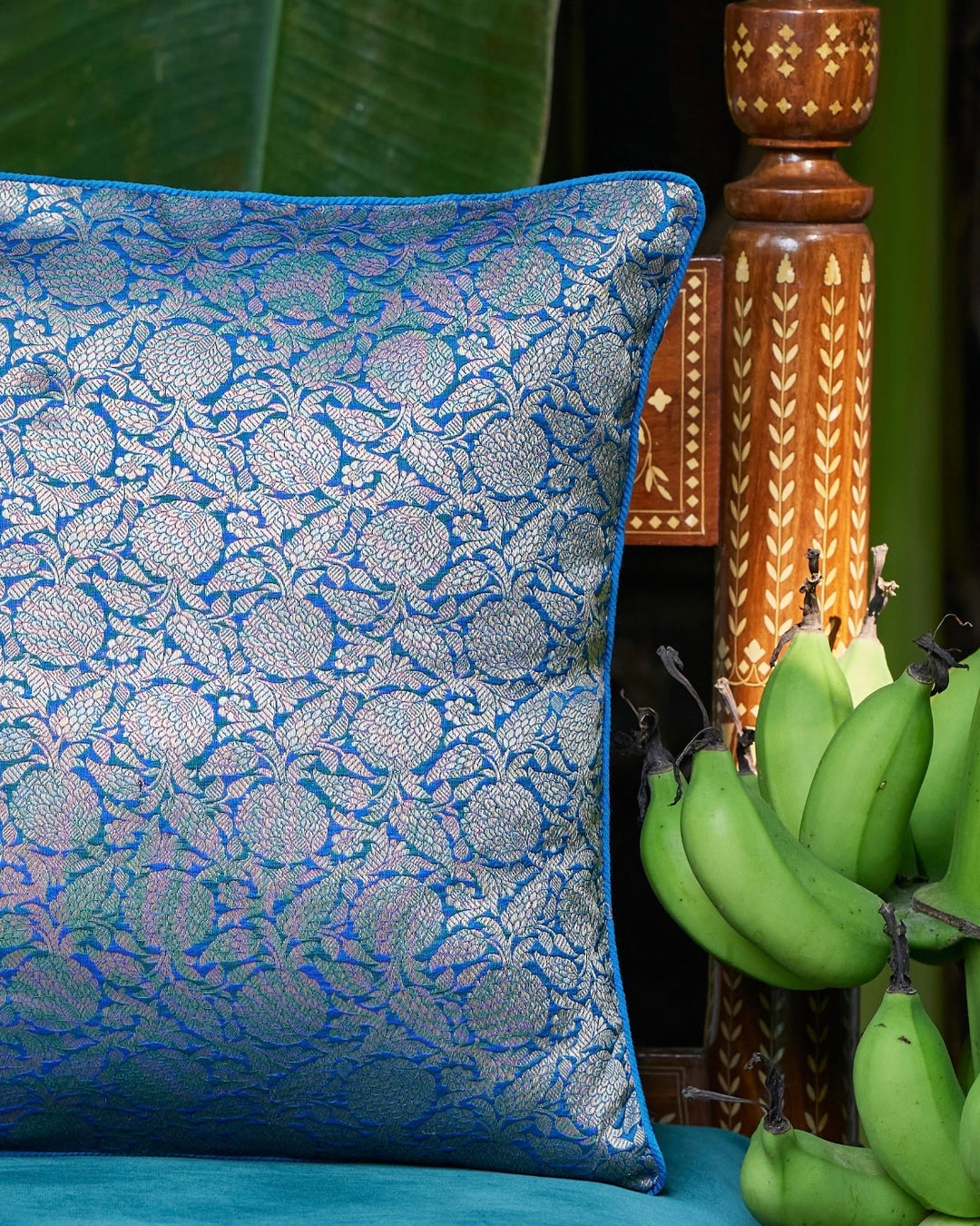 Floral Blue Banarasi Silk Cushion Cover