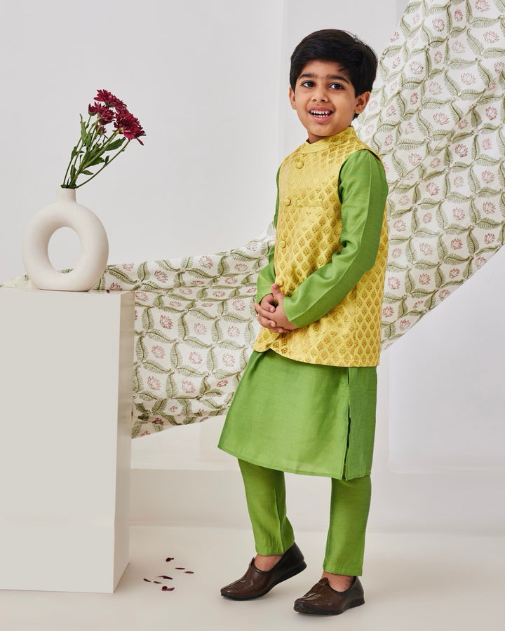 Yellow and Green Kids Kurta Set With Jacket