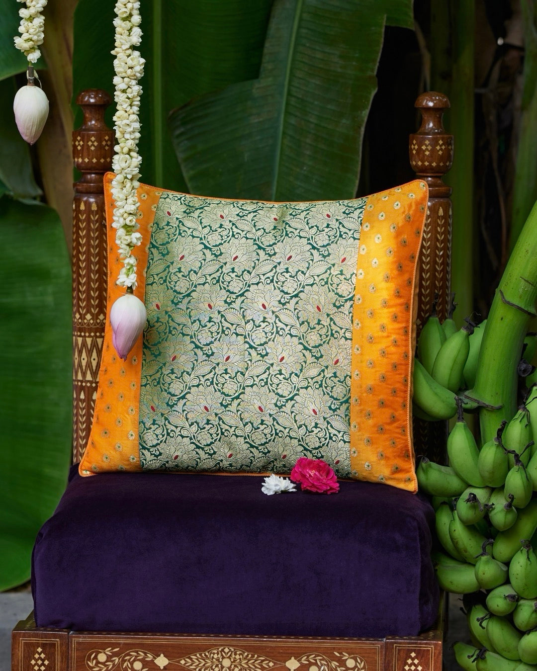 Patchwork Green and Yellow Banarasi Silk Cushion Cover