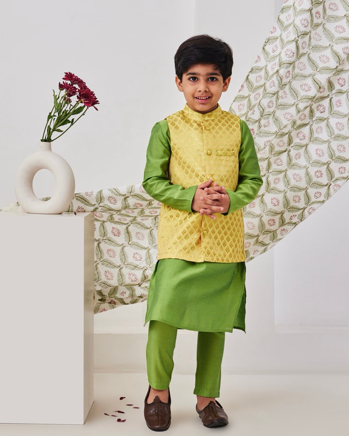 Yellow and Green Kids Kurta Set With Jacket