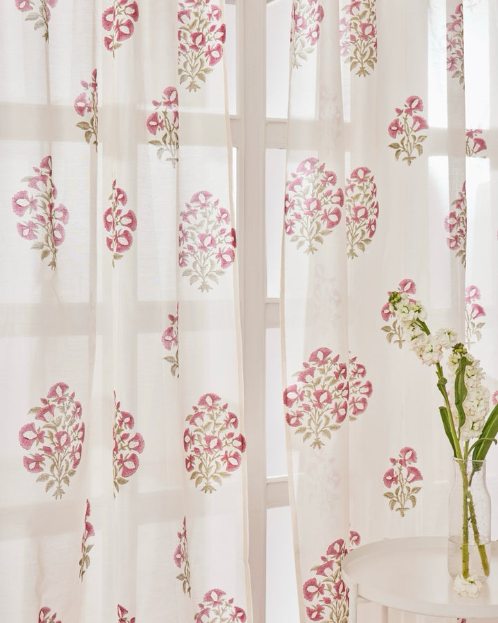 Poppy Pink Floral Chanderi Sheer Curtain
