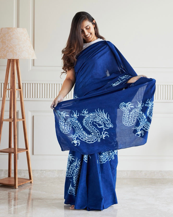 Dragon Indigo Bagru Saree