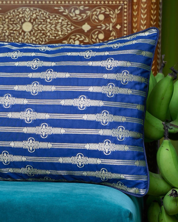 Stripes Blue Banarasi Silk Lumbar Cushion Cover