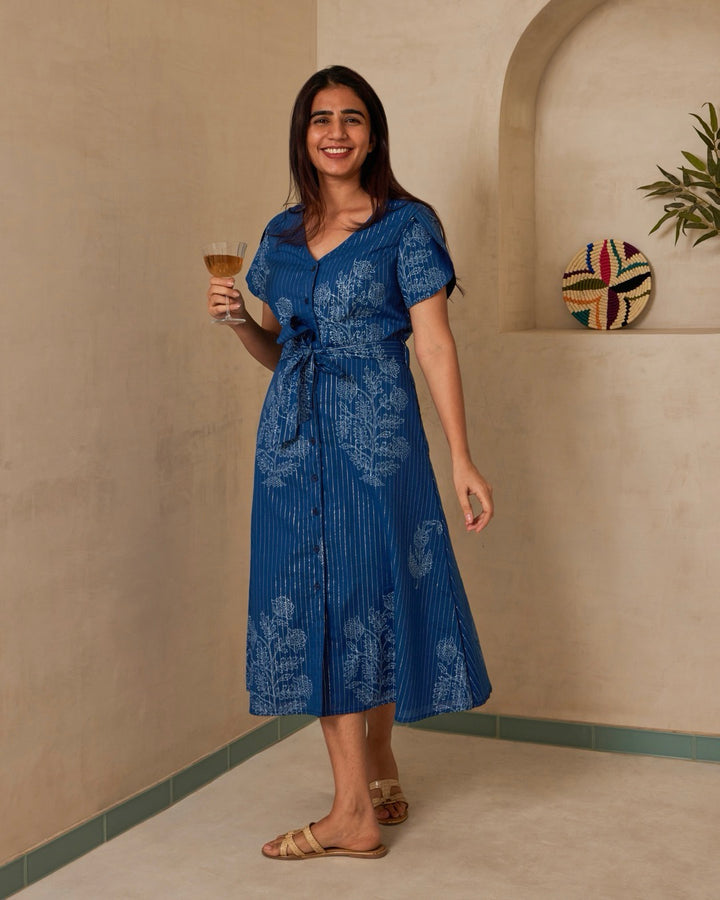 Blue Lurex Stripe Belted Cotton Dress