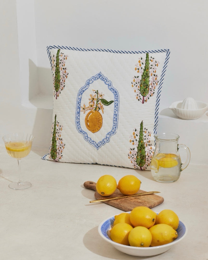 Italian Summer Block Print Quilted Square Cushion