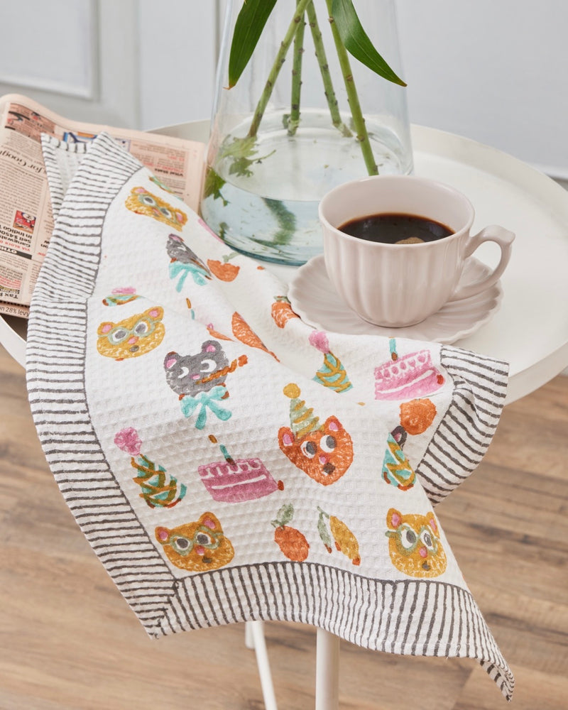 Cat’s Birthday Party Block Print Tea Towel