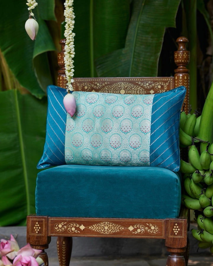Patchwork Blue Banarasi Silk Lumbar Cushion Cover
