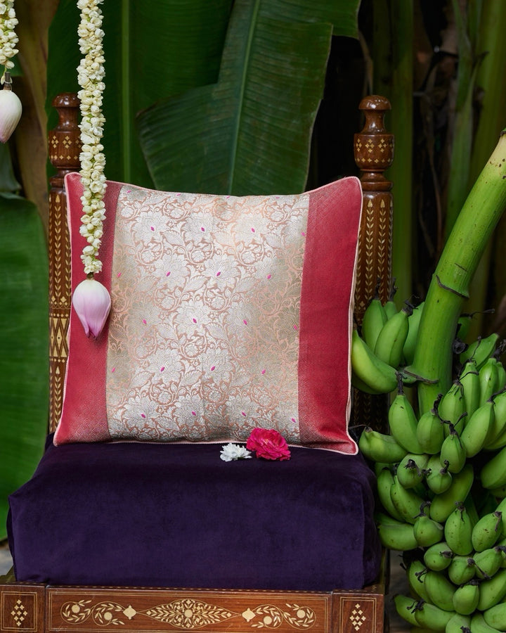 Patchwork Blush Pink Banarasi Silk Cushion Cover