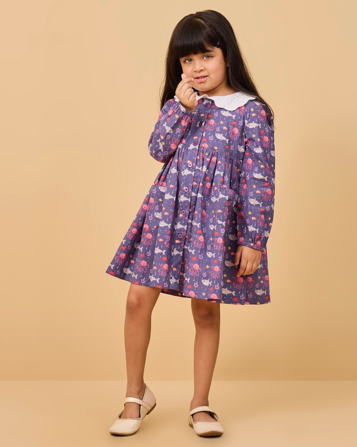 Underwater World Kids Schiffli Collar Frock