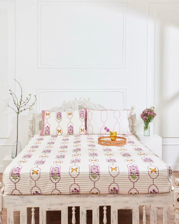 Butterfly Garden Quilted Block Print Bedcover