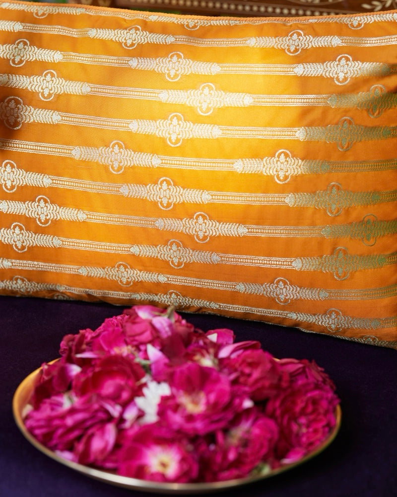 Stripes yellow Banarasi Silk Lumbar Cushion Cover