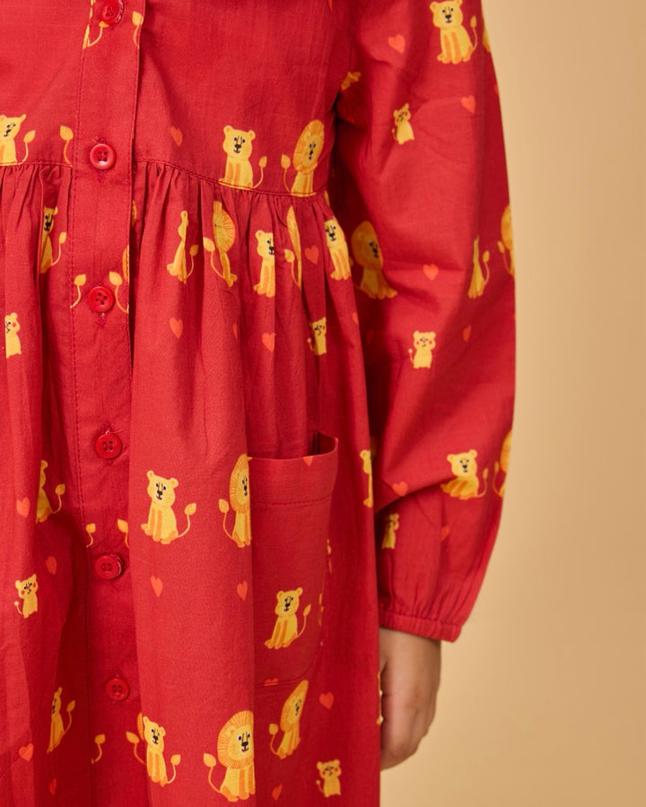 Lion Family Kids Schiffli Collar Frock