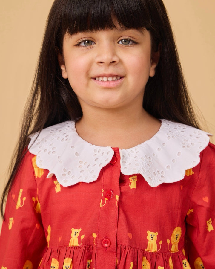 Lion Family Kids Schiffli Collar Frock