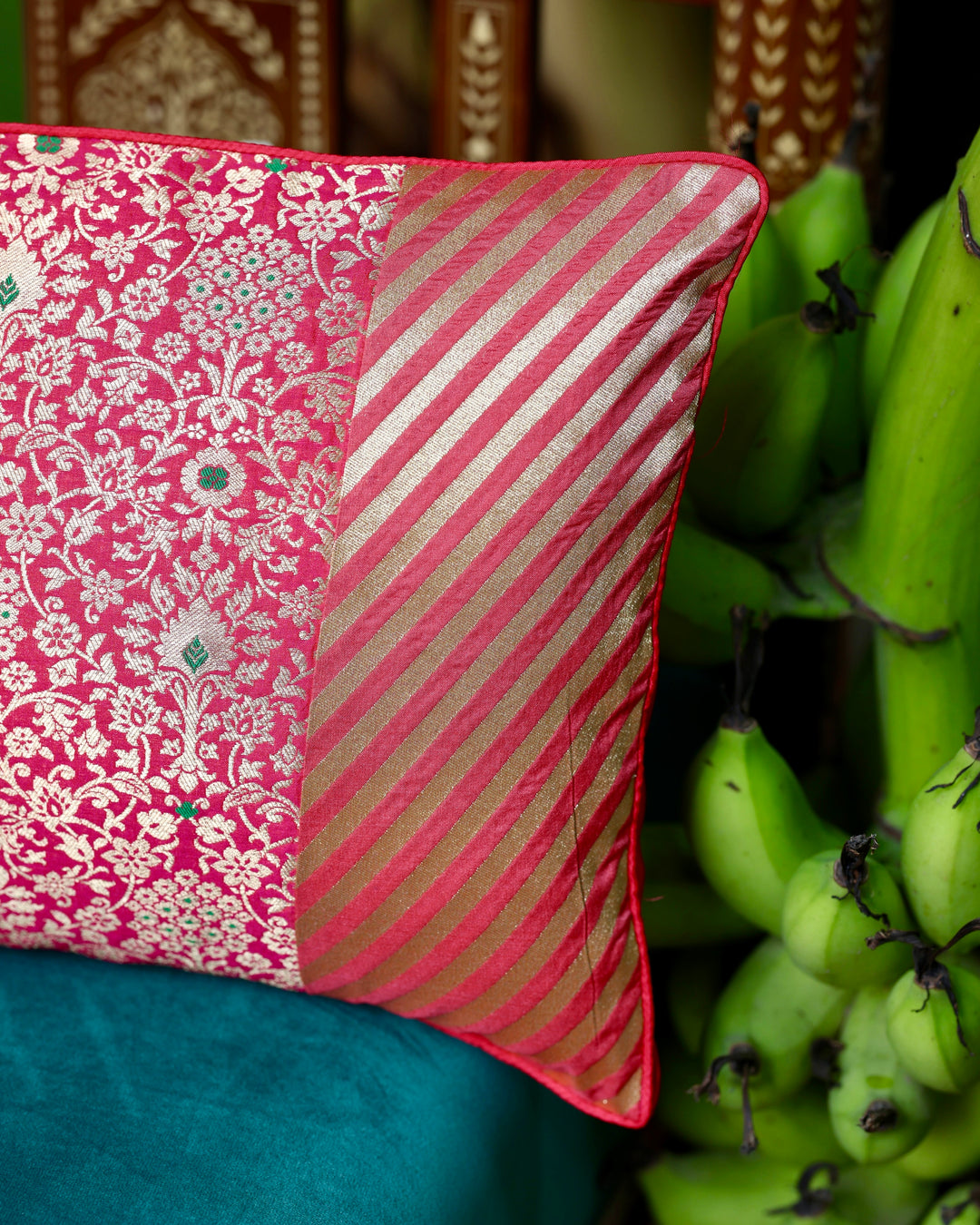 Patchwork Pink Banarasi Silk Lumbar Cushion Cover