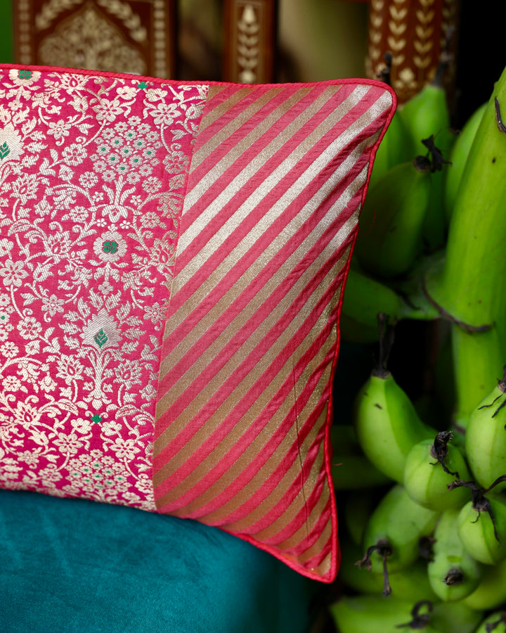 Patchwork Pink Banarasi Silk Lumbar Cushion Cover