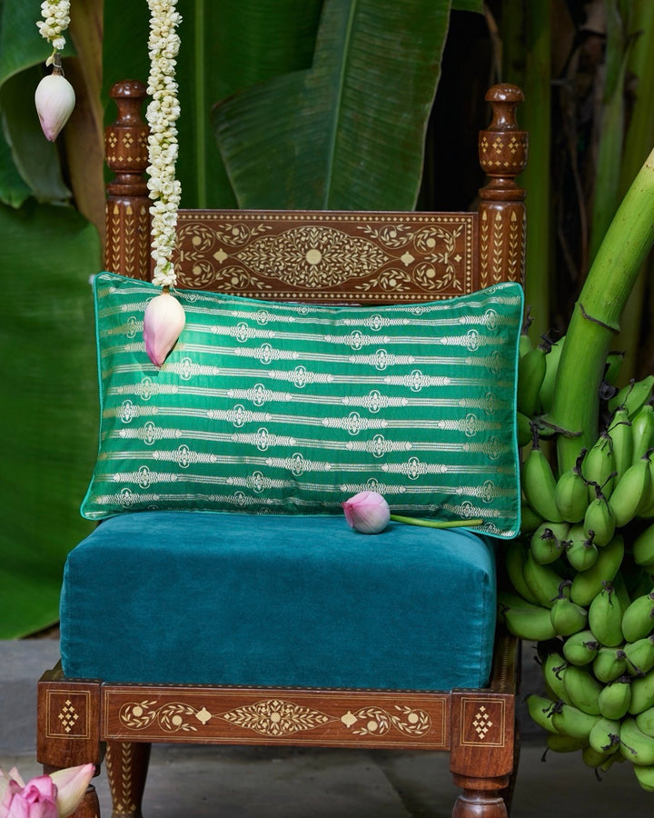 Stripes Green Banarasi Silk Lumbar Cushion Cover