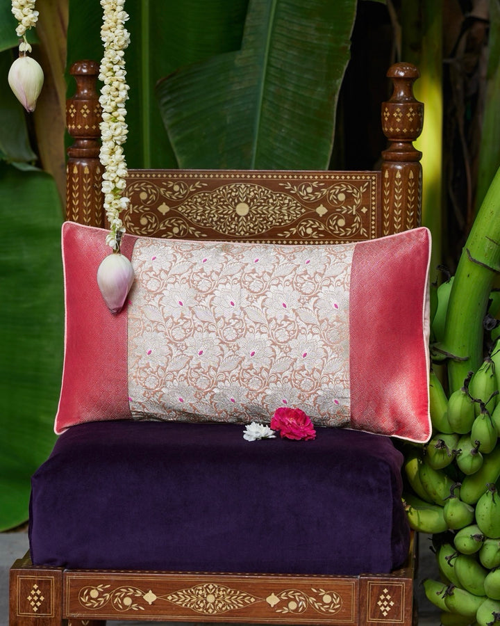 Patchwork Blush Pink Banarasi Silk Lumbar Cushion Cover