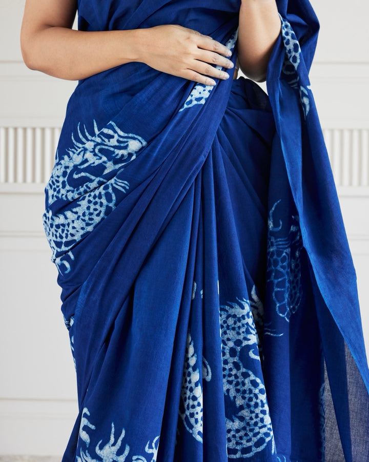 Dragon Indigo Bagru Saree