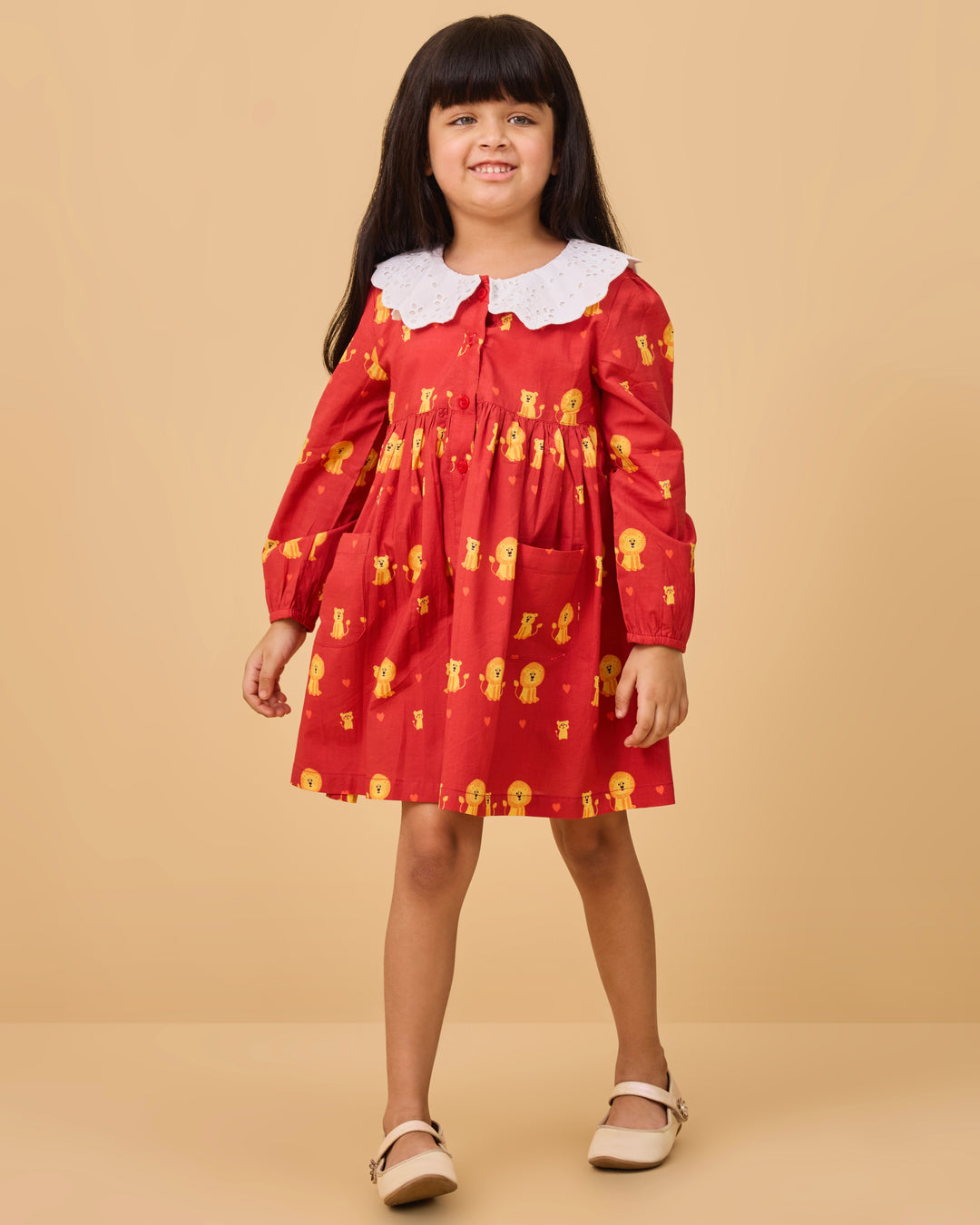Lion Family Kids Schiffli Collar Frock