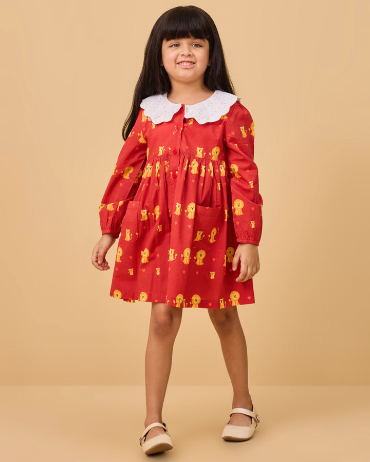 Lion Family Kids Schiffli Collar Frock
