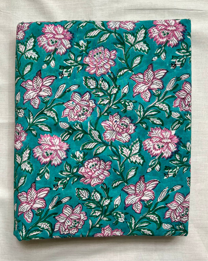 Teal Floral Block Print Cotton Fabric