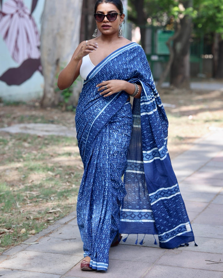 Dots Indigo Bagru Print Saree