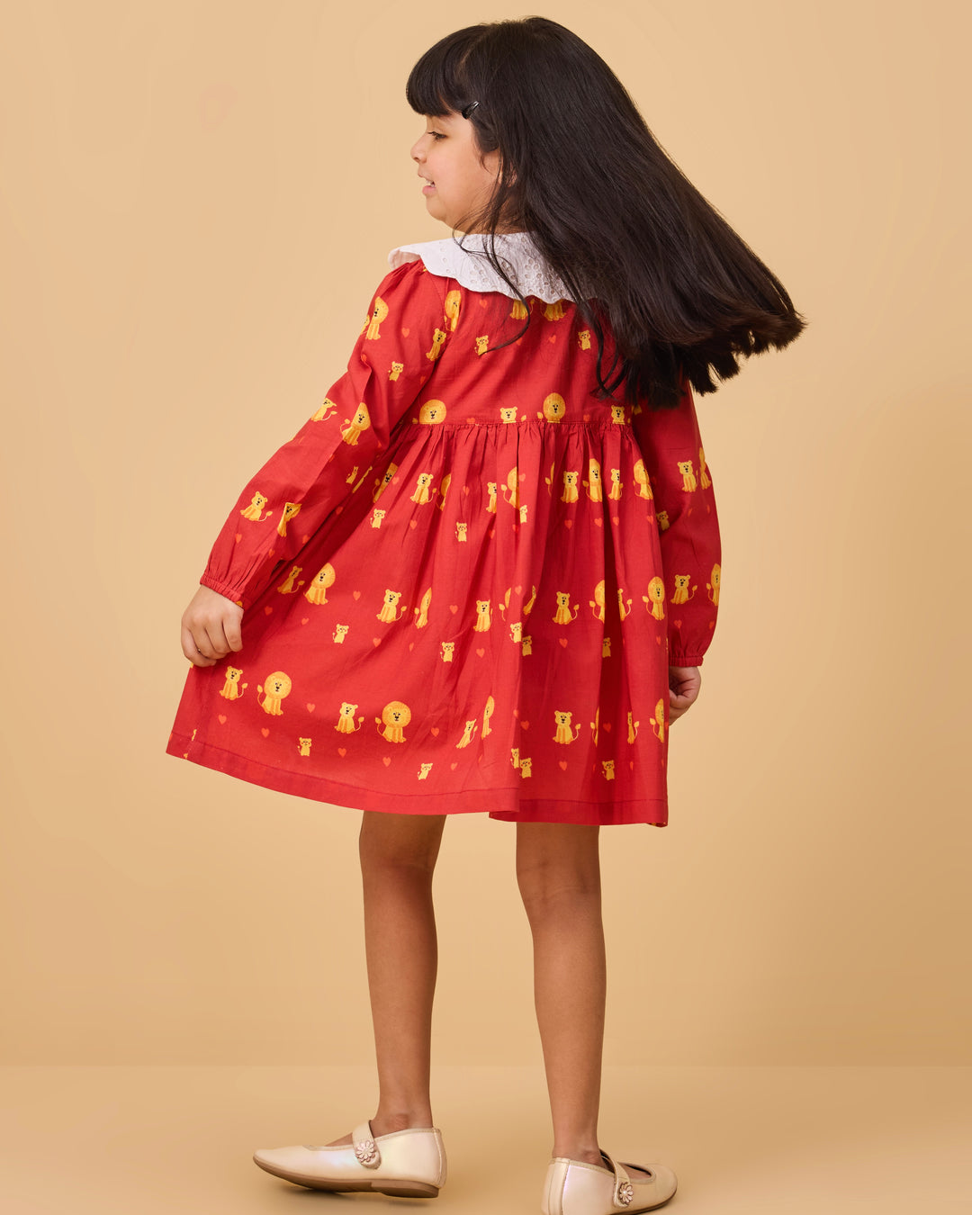 Lion Family Kids Schiffli Collar Frock