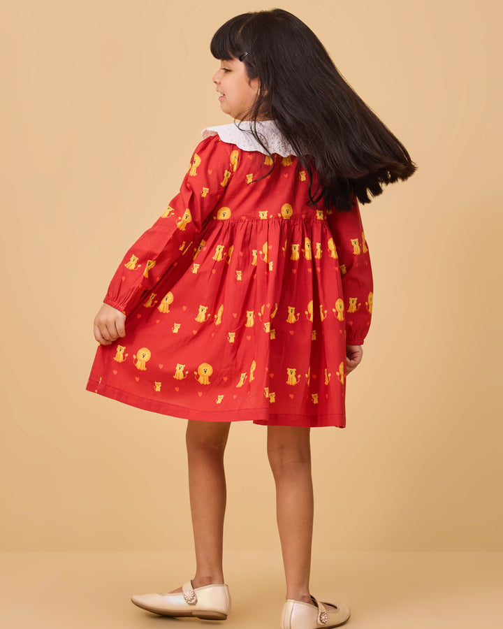 Lion Family Kids Schiffli Collar Frock