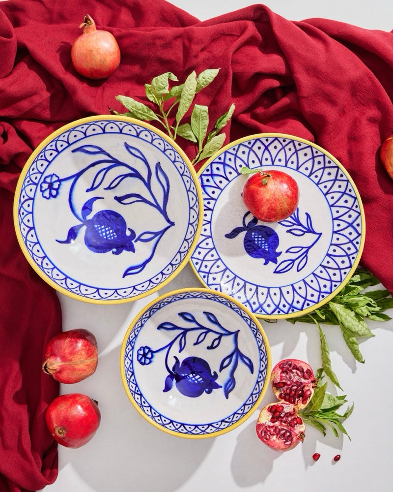 Pomegranate Blue Pottery Bowls and Plate Set