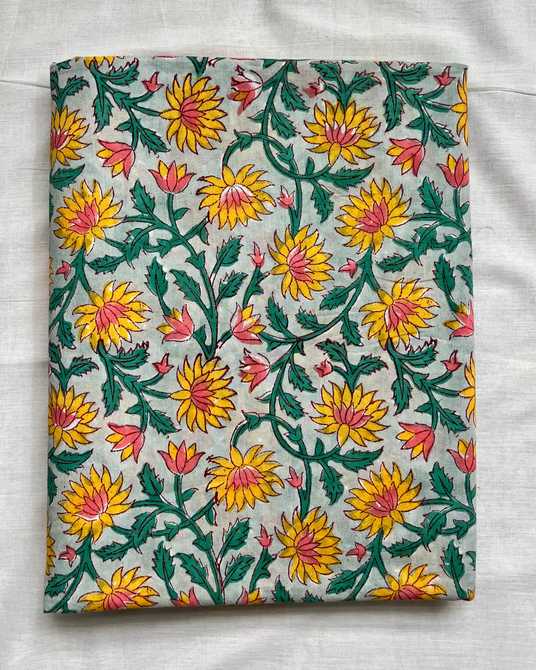 Yellow Floral Grey Background Block Print Cotton Fabric