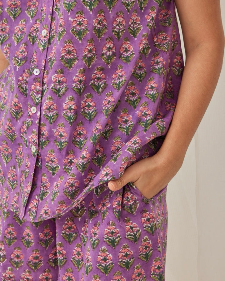 Purple Floral Shorts Loungewear Mulmul Set