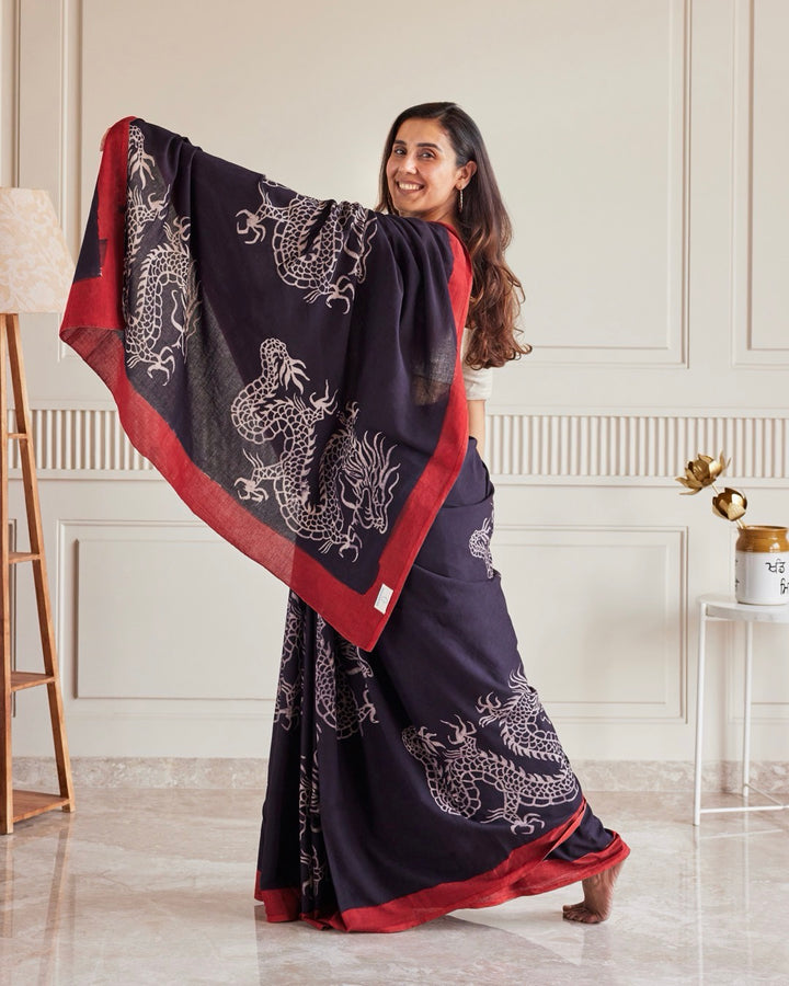 Red Dragon Ajrakh Saree