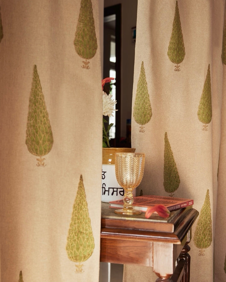 Cypress Gold Khadi Work Block Print Curtains