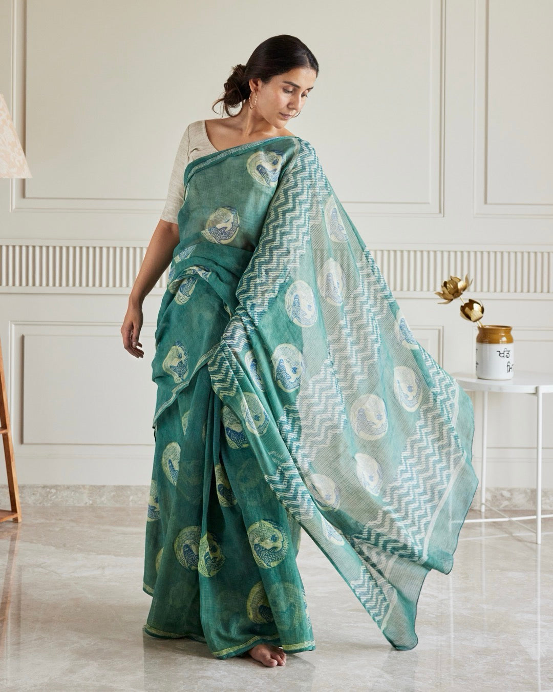 Koi Fish Green Indigo Kota Doria Saree