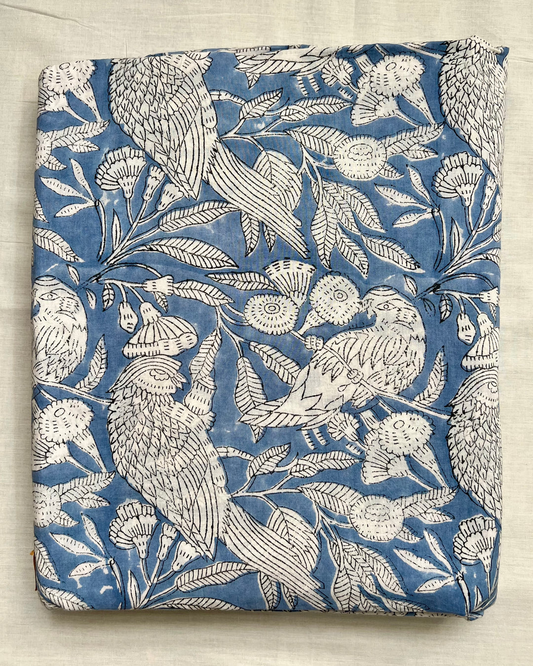 Pale Blue Birds Block Print Cotton Fabric