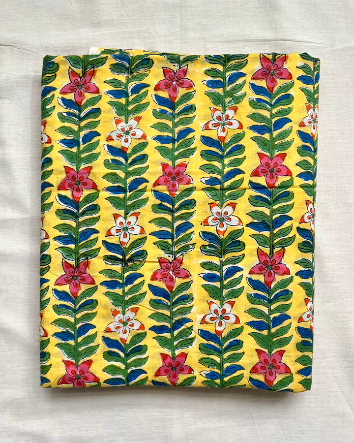 Yellow Floral Jaal Block Print Cotton Fabric